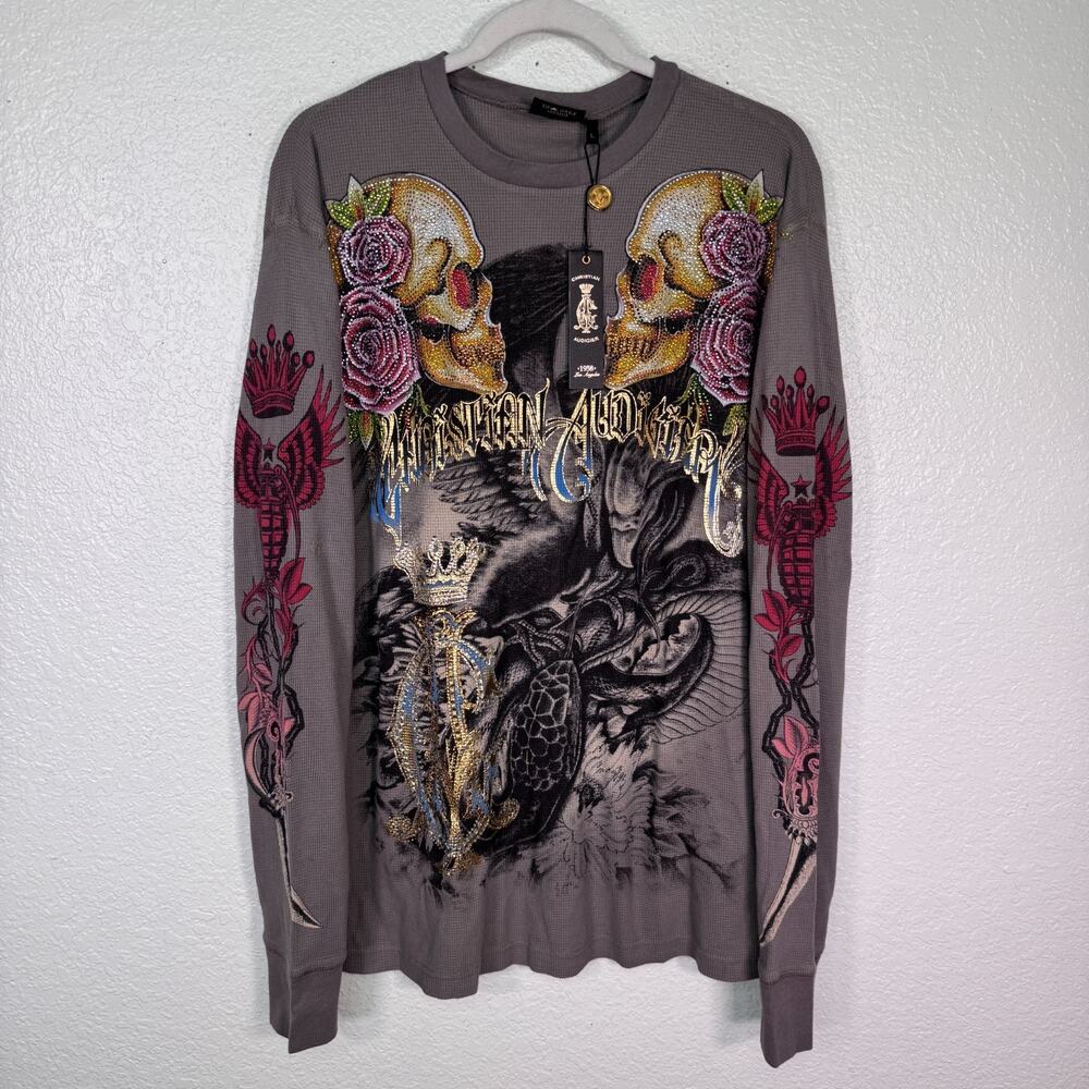 Christian Audigier Thermal Shirt Mens Large Skull Snake Eagle Battle Y2K Tattoo